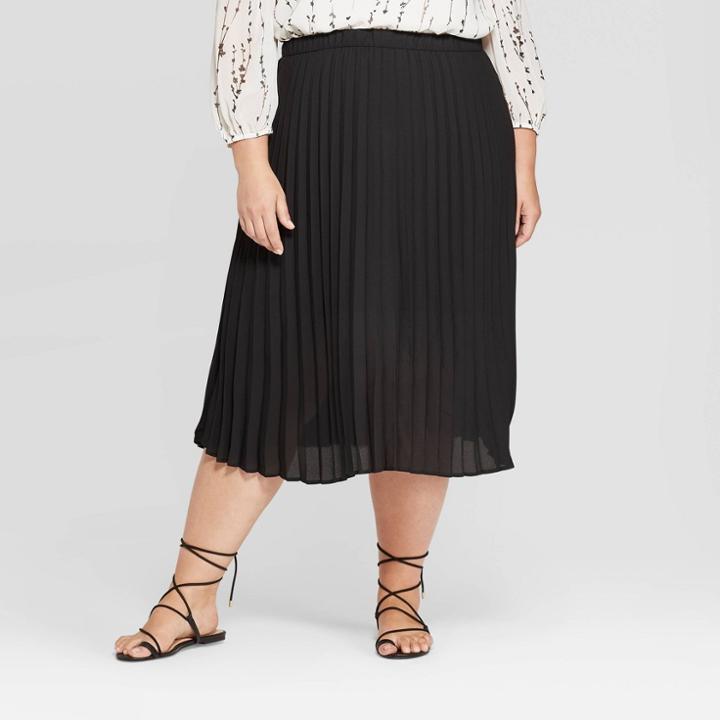 Women's Plus Size Midi Pleated Skirt - Ava & Viv Black