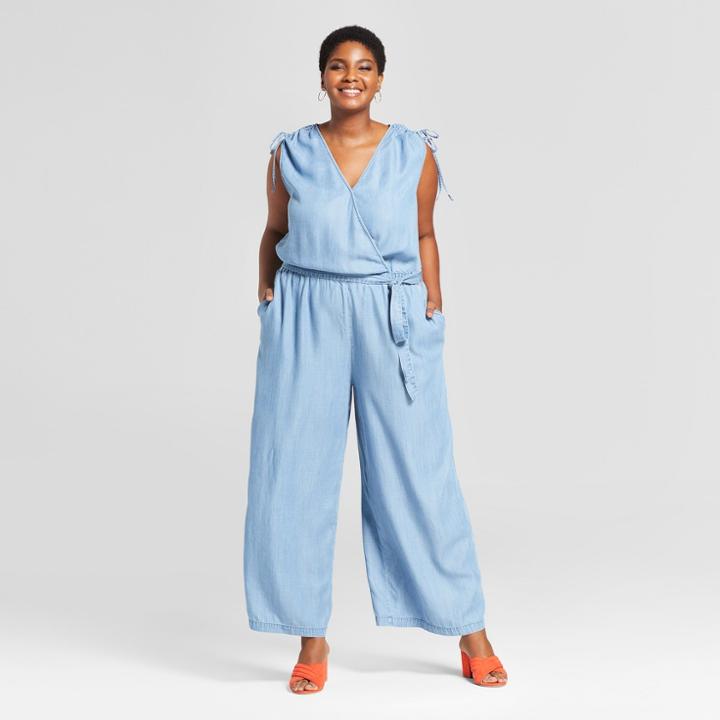 Women's Plus Size Chambray Jumpsuit - Ava & Viv Blue