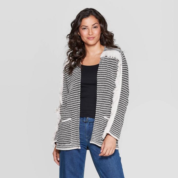 Women's Striped Fringe Detail Long Sleeve Cardigan - Knox Rose Black S, Women's,