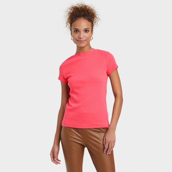 Women's Short Sleeve Ribbed T-shirt - A New Day Pink