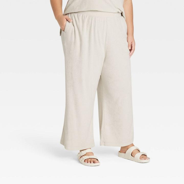 Women's Plus Size High-rise French Terry Wide Leg Ankle Pull-on Pants - A New Day Tan