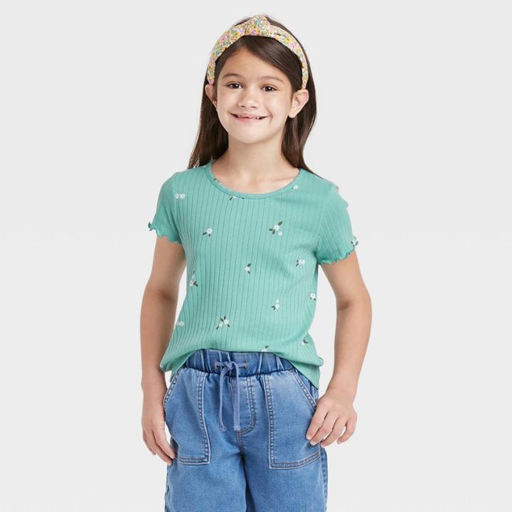 Girls' Rib-knit Printed Short Sleeve Top - Cat & Jack Green