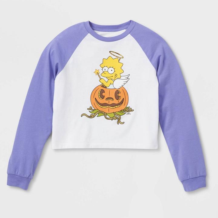 Girls' The Simpsons Lisa Halloween Long Sleeve Raglan Graphic T-shirt - Purple/white