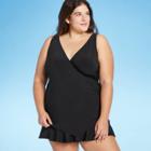 Women's Plus Size V-neck Wrap Tankini Top - Aqua Green Black