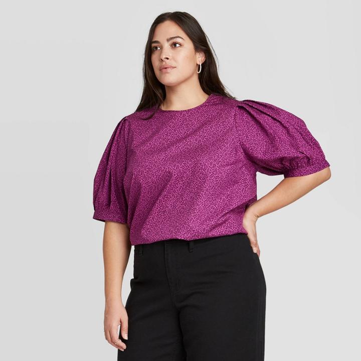 Women's Plus Size Leaf Print Balloon Short Sleeve Top - A New Day Purple