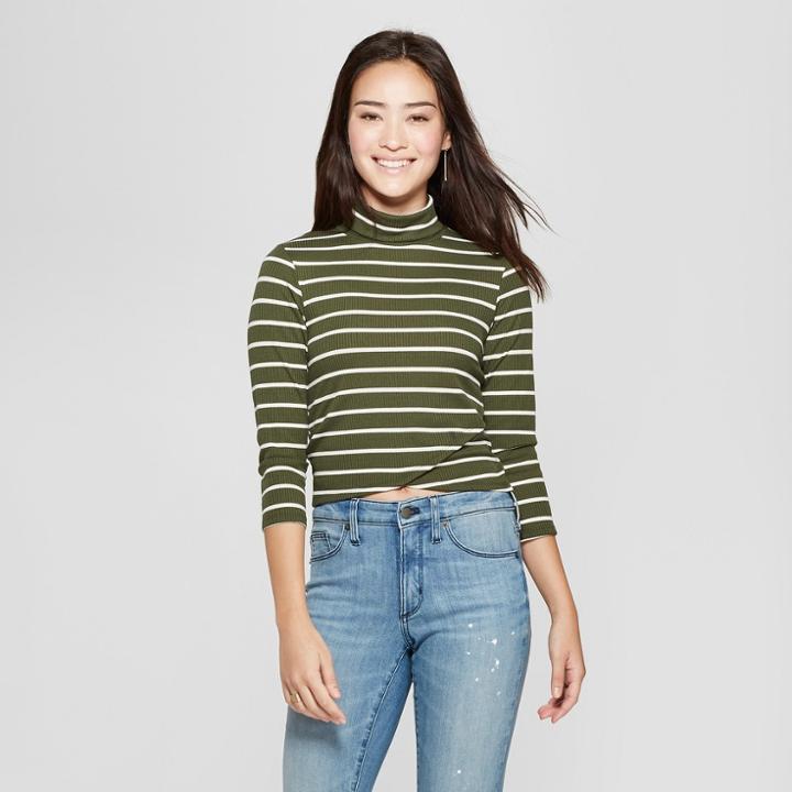 Women's Striped Long Sleeve Turtleneck Tulip Hem Top - Soul Cake (juniors') Olive/ivory