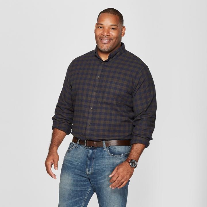 Men's Big & Tall Plaid Standard Fit Long Sleeve Pocket Flannel Collared Button-down Shirt - Goodfellow & Co Moss Green