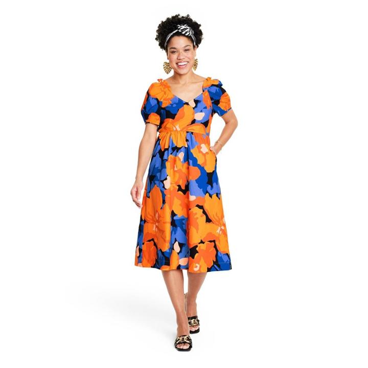 Women's Floral Print Puff Sleeve Tie-back Midi Dress - Tabitha Brown For Target Orange/blue