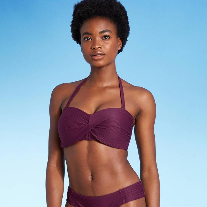 Women's Soft Cotton Ribbed Twist Bandeau Bikini Top - Kona Sol Burgundy D/dd Cup, Red