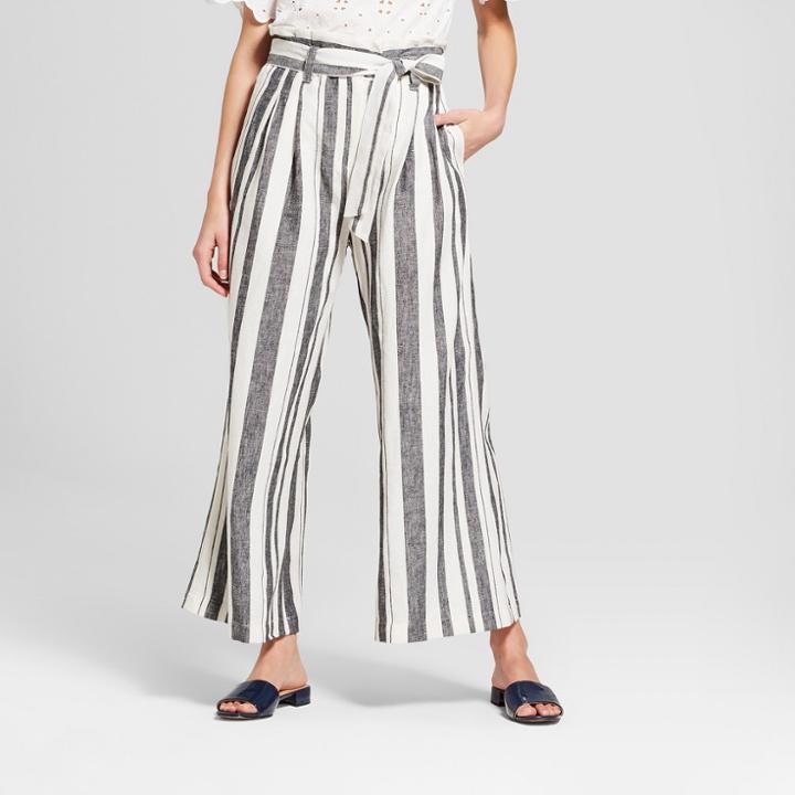 Women's Striped Wide Leg Paperbag Pants - Who What Wear Black/white 10, Black/white