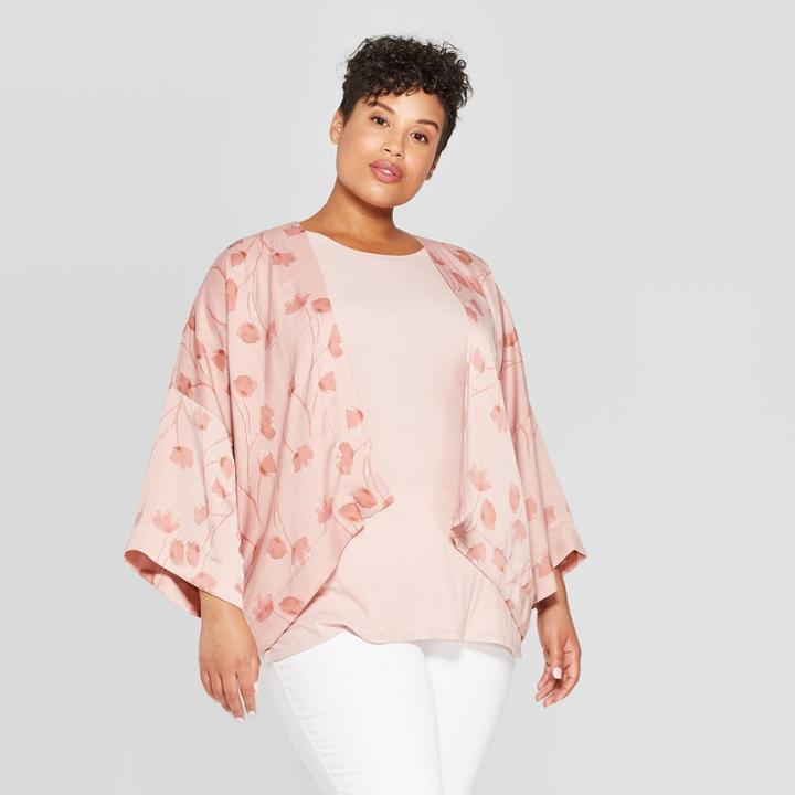 Target Women's Plus Size Floral Double Layer Cropped Ruana - A New Day Pink,