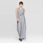 Women's Striped Sleeveless V-neck Wide Leg Belted Jumpsuit - Who What Wear Gray/white