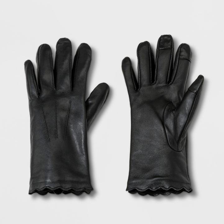 Women's Leather Scallops Striped Gloves - A New Day Black