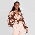 Women's Floral Print Long Sleeve Blouse - A New Day Brown