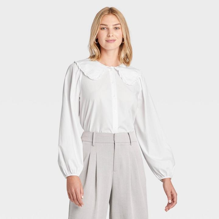 Women's Oversized Balloon Long Sleeve Button-down Shirt - A New Day White