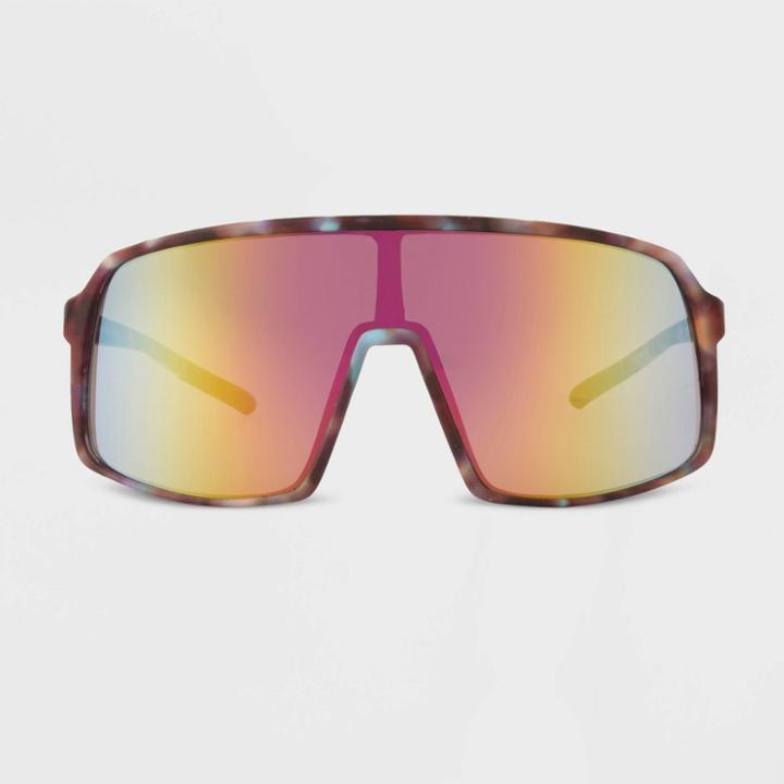 Women's Tortoise Shell Print Matte Plastic Shield Sunglasses With Rainbow Lenses - All In Motion , Multicolored/green White