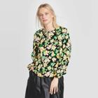 Women's Floral Print Balloon Long Sleeve Round Neck Keyhole Blouse - Who What Wear Black