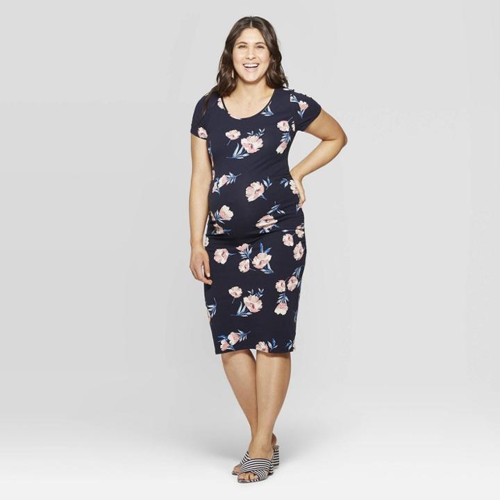 Maternity Floral Print Short Sleeve Round Neck Shirred T-shirt Dress - Isabel Maternity By Ingrid & Isabel Navy Xxl, Women's, Blue