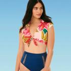 Women's Slimming Control Cap Sleeve Tie Front Bikini Top - Beach Betty By Miracle Brands Multi Tropical S, Women's, Size: Small,