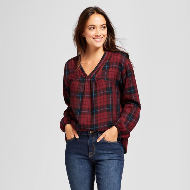 Women's Long Sleeve Peasant Top - Knox Rose Burgundy Plaid