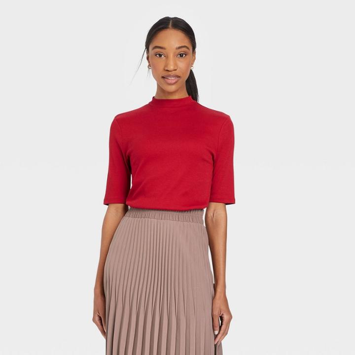 Women's Elbow Sleeve Mock Turtleneck T-shirt - A New Day Red