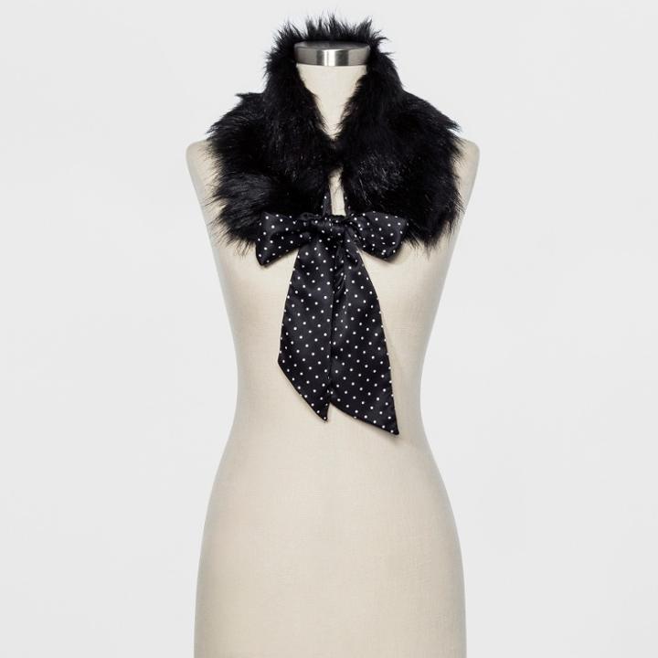 Women's Faux Fur Collar With Tie Front Scarf - A New Day Black