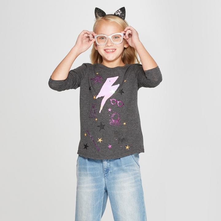 Plus Size Girls' Harry Potter Halloween Flip Sequin Long Sleeve T-shirt - Charcoal Gray