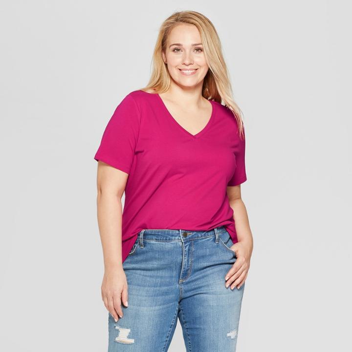 Women's Plus Size Short Sleeve V-neck Essential T-shirt - Ava & Viv Pink