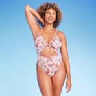 Women's Ribbed Plunge Front Cut Out One Piece Swimsuit - Shade & Shore Cream Floral Print 36d, Ivory Floral Print