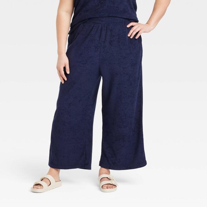 Women's Plus Size High-rise French Terry Wide Leg Ankle Pull-on Pants - A New Day Navy Blue