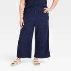 Women's Plus Size High-rise French Terry Wide Leg Ankle Pull-on Pants - A New Day Navy Blue