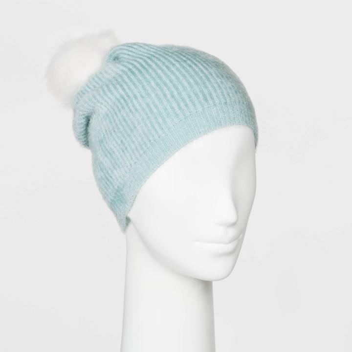 Women's Plush Beanie With Pom - A New Day Blue