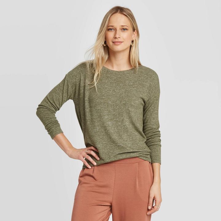 Women's Long Sleeve Crewneck T-shirt - A New Day Green M, Women's,