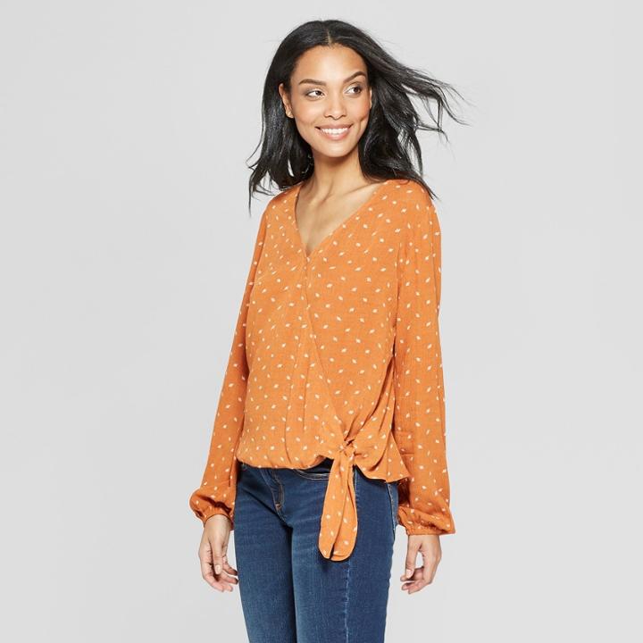 Women's Printed Long Sleeve Print Wrap Top - Universal Thread Gold