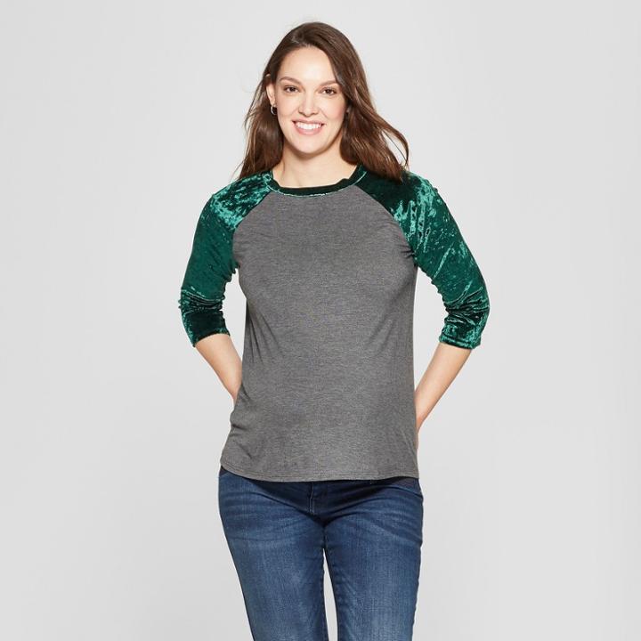 Maternity 3/4 Velvet Sleeve Knit Top - Macherie - Green