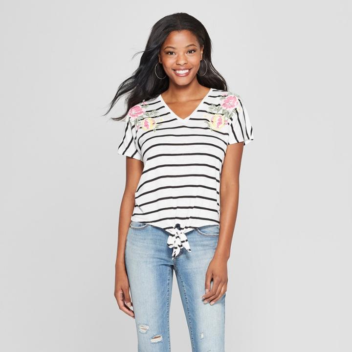 Women's Striped Short Sleeve Embroidered Tie Front T-shirt - 3hearts (juniors') Ivory/black