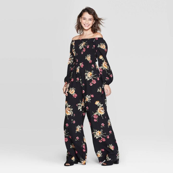 Women's Floral Print Long Sleeve Off The Shoulder Smocked Top Jumpsuit - Xhilaration Black