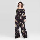 Women's Floral Print Long Sleeve Off The Shoulder Smocked Top Jumpsuit - Xhilaration Black