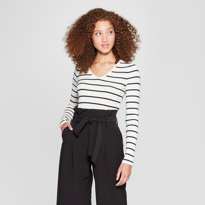 Women's Striped Fitted Long Sleeve T-shirt - A New Day White/black