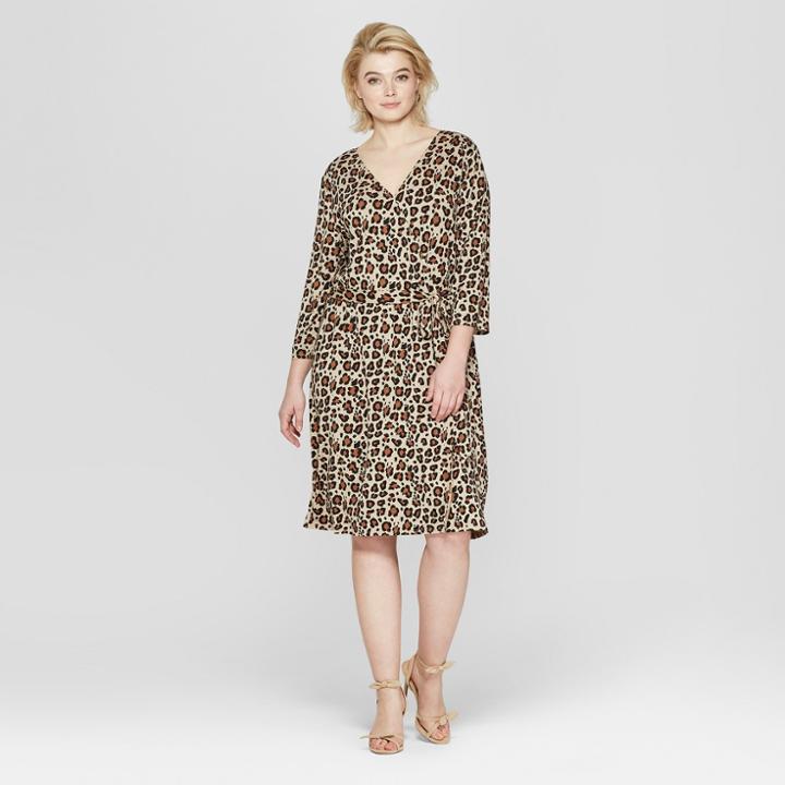 Women's Plus Size Leopard Print 3/4 Sleeve Wrap Midi Dress - Ava & Viv Tan