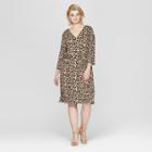 Women's Plus Size Leopard Print 3/4 Sleeve Wrap Midi Dress - Ava & Viv Tan