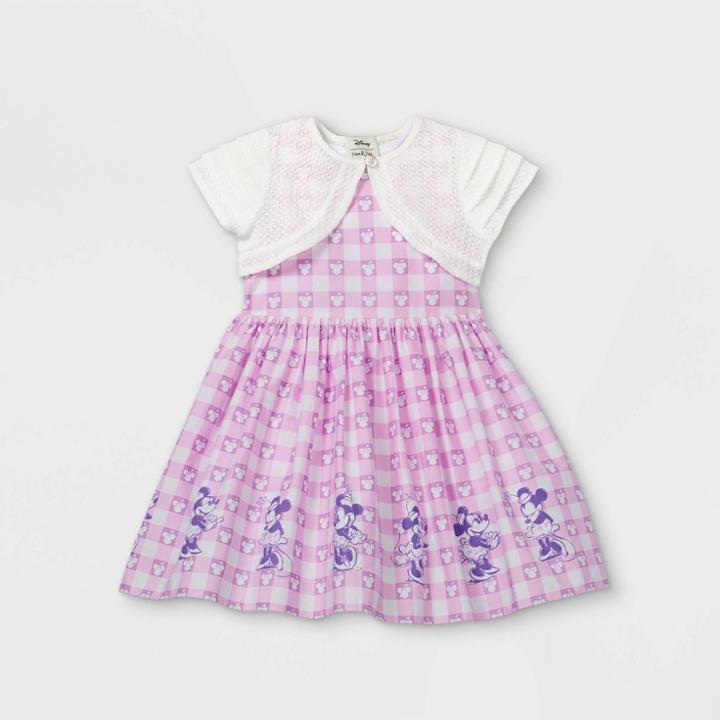 Disney X Pippa & Julie Toddler Girls' Disney Minnie Mouse Gingham Border Sleeveless Woven Dress With Knit Shrug - Purple