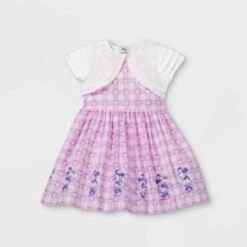 Disney X Pippa & Julie Toddler Girls' Disney Minnie Mouse Gingham Border Sleeveless Woven Dress With Knit Shrug - Purple