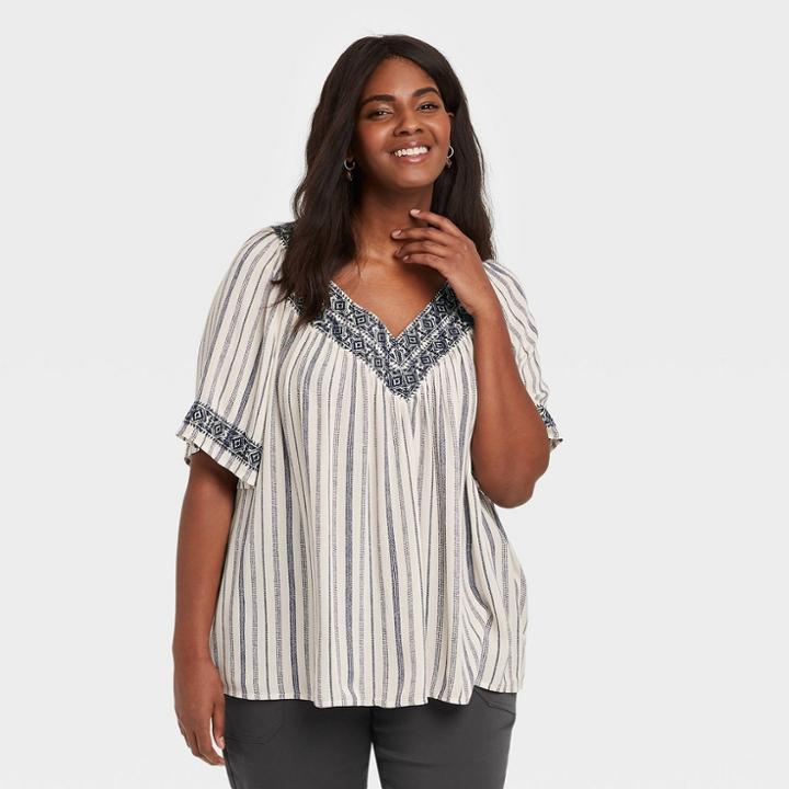 Women's Plus Size Striped Short Sleeve Embroidered Top - Knox Rose Ivory