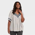 Women's Plus Size Striped Short Sleeve Embroidered Top - Knox Rose Ivory