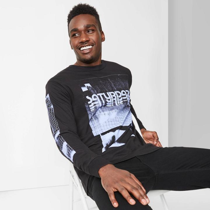Men's Printed Long Sleeve Boxy T-shirt - Original Use - Black