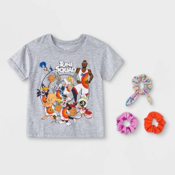 Girls' Looney Tunes Tune Squad Short Sleeve Graphic T-shirt With Scrunchies - Heather Gray