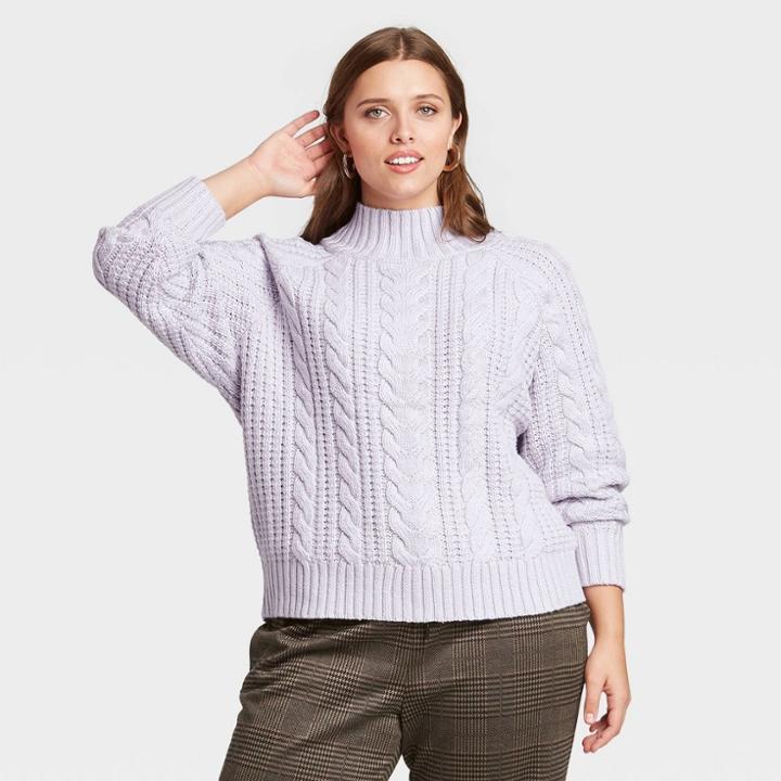 Women's Plus Size Cable Turtleneck Pullover Sweater - A New Day Light Purple