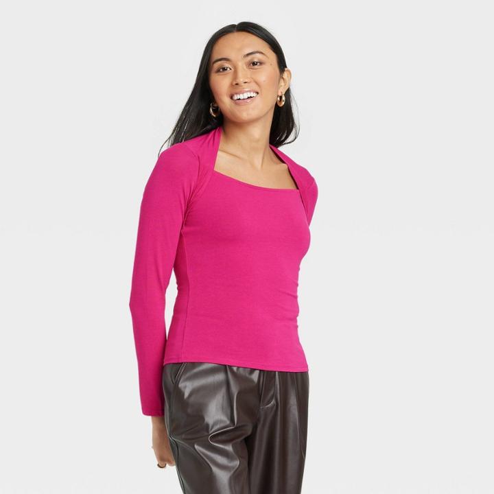 Women's Long Sleeve Slim Fit Square Neck Bolero Top - A New Day Pink