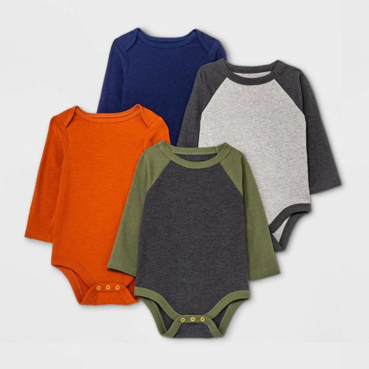Baby Boys' 4pk Long Sleeve Bodysuit - Cat & Jack Olive Green/navy/orange Newborn